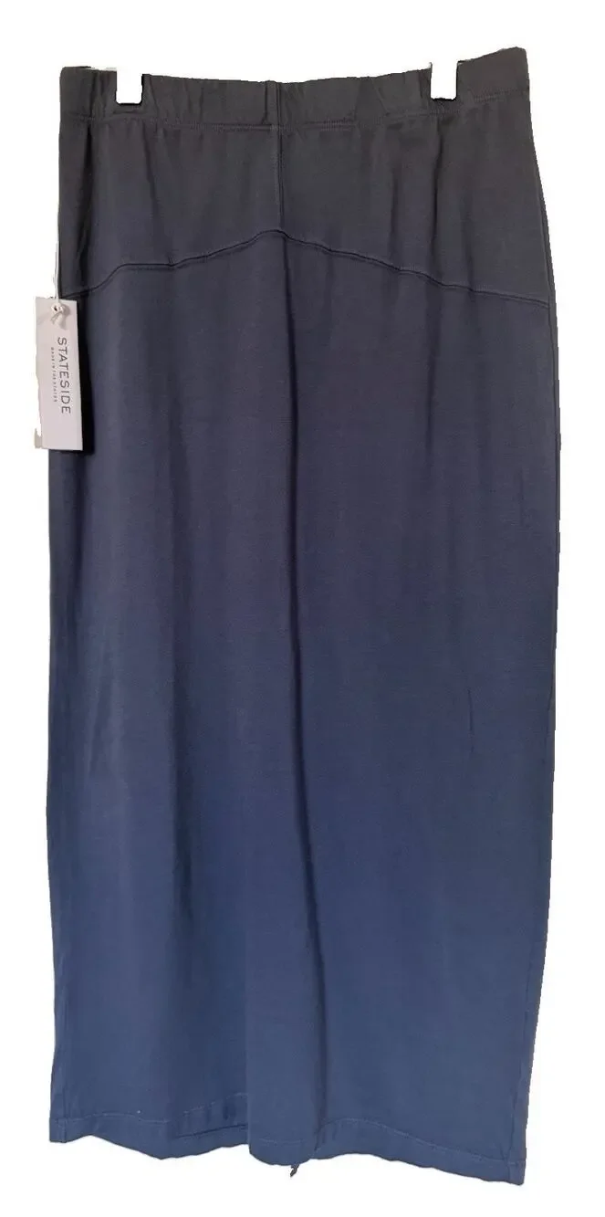 Stateside Women's Blue Knit Midi Pencil Skirt Back Slit Stretch Supima Medium